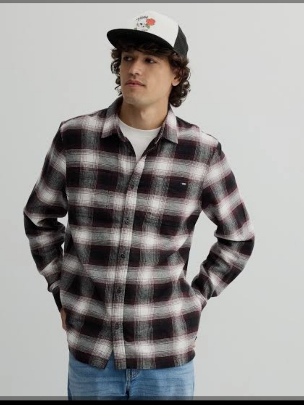 Vans Black White and Maroon Plaid Flannel Shirt